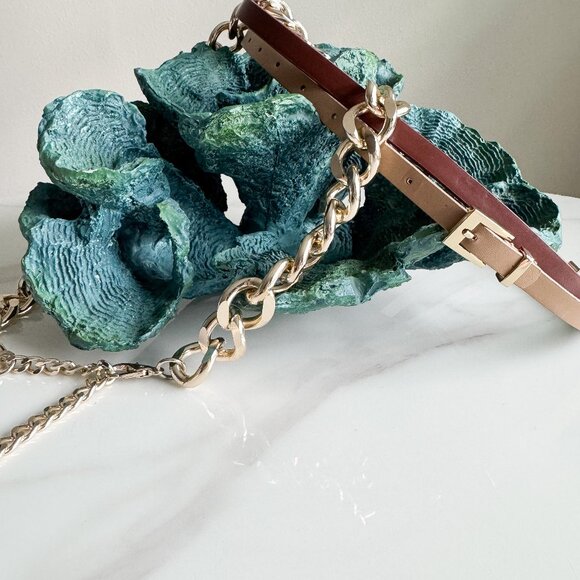 Accessories - Pair of Statement Belts: Gold Chain Link & Brown/Tan Wrap Belt GUC